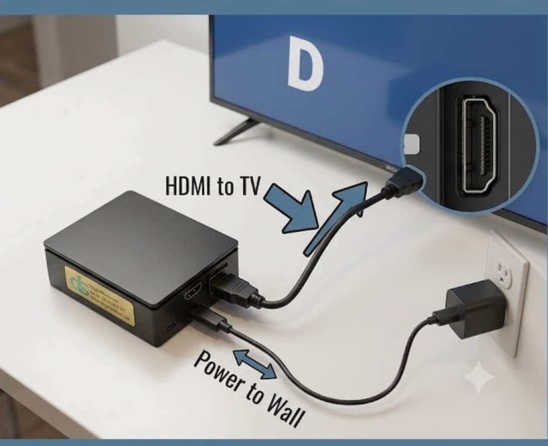 How the DigitalShul micro computer connects: HDMI cable to the TV and power to the wall